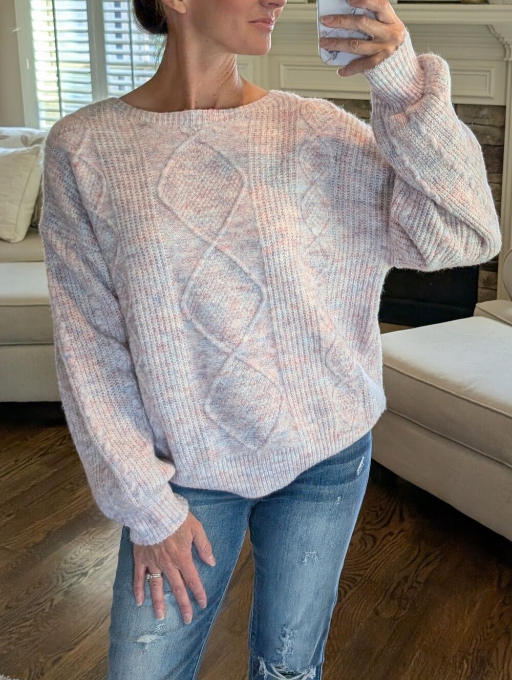 Size Small Cozy Oversized Cable Knit Women's Sweater - Light Pink Marble